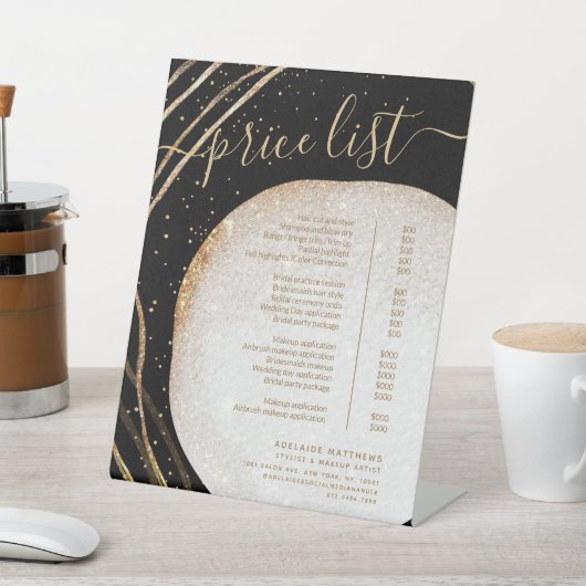 Menü "Black Gold Glitzer Stylist Salon Price List" Sockelschild (In SItu)