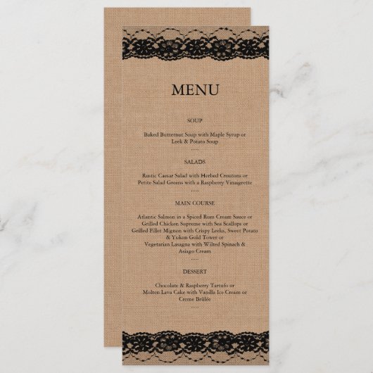 Menü "Black Lace & Burlap" Menükarte (Vorne/Hinten)