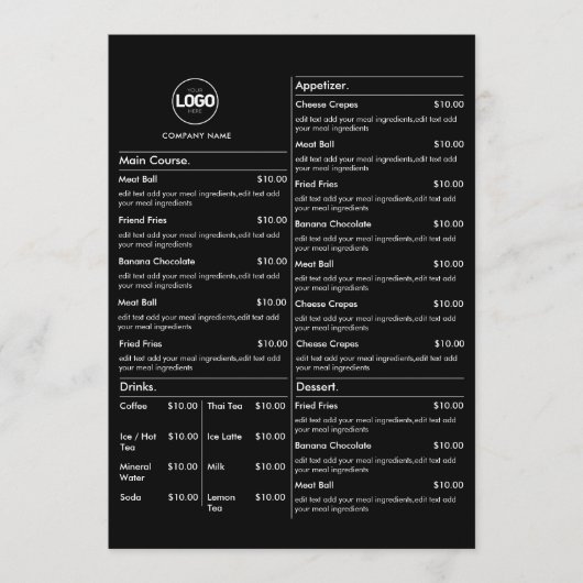 Menü "Black Restaurant Table Cards Flat Menu" Menükarte (Vorderseite)