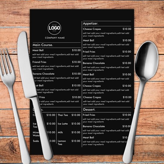 Menü "Black Restaurant Table Cards Flat Menu" Menükarte