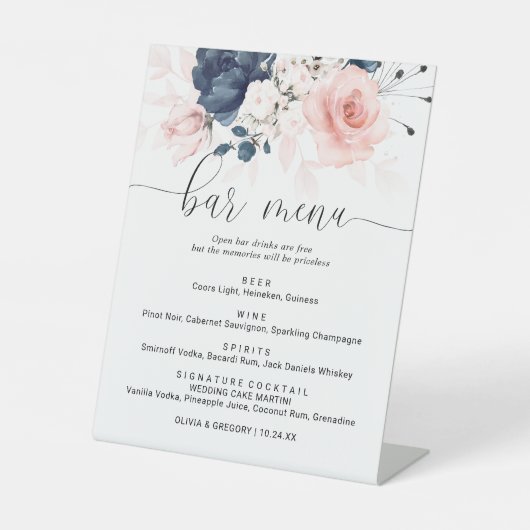 Menü "Blauer Bar" in Navy Blue und Blush Pink Sockelschild (Vorderseite)