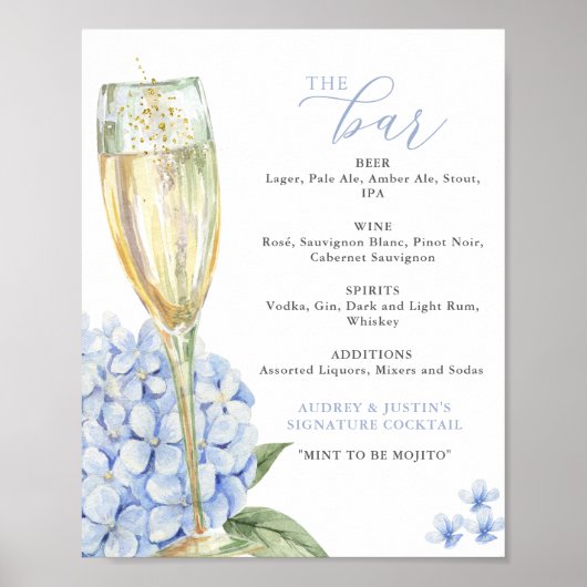 Menü "Blue Hydrangeas & Gold Glass Bar" Poster (Vorne)