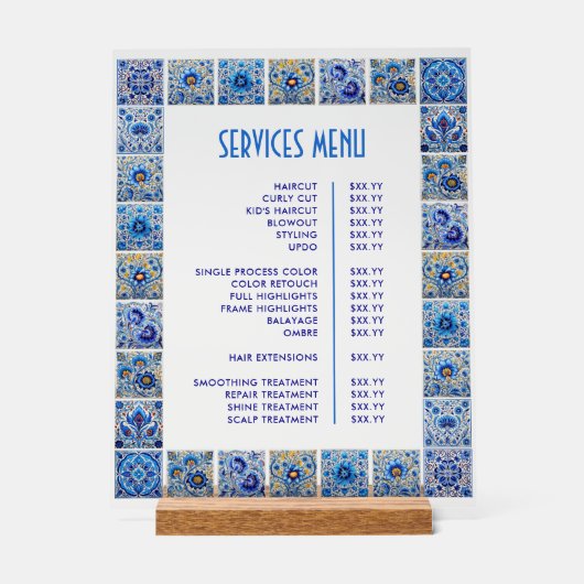 Menü "Blue Mediterranean Tiles Frame Services" Acrylschild (Vorderseite)