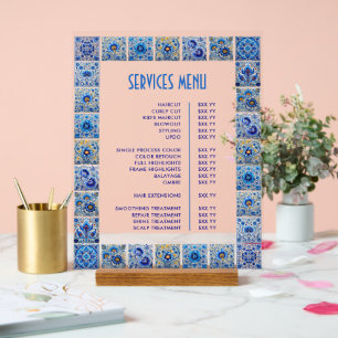 Menü "Blue Mediterranean Tiles Frame Services" Acrylschild