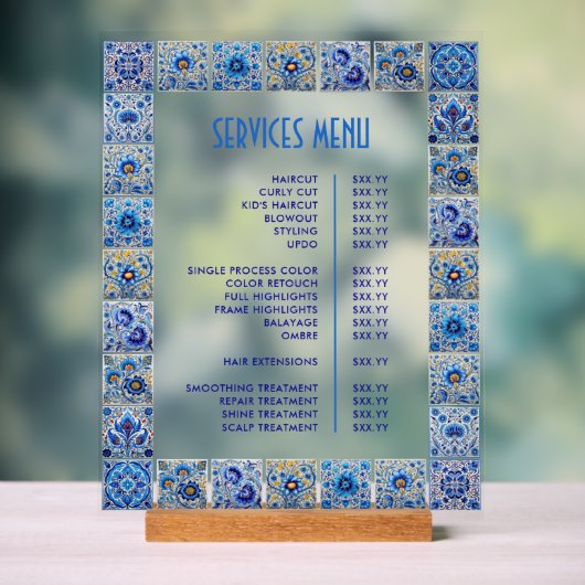Menü "Blue Mediterranean Tiles Frame Services" Acrylschild (Neutral)