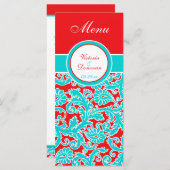 Menü "Blue Red White Flair Damask" Menükarte (Vorne/Hinten)