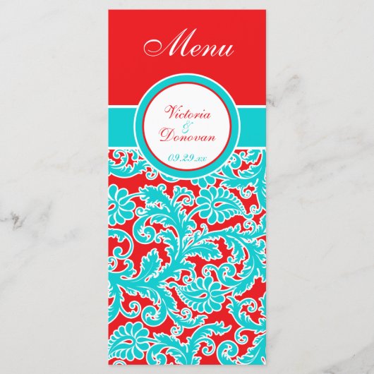 Menü "Blue Red White Flair Damask" Menükarte (Vorderseite)