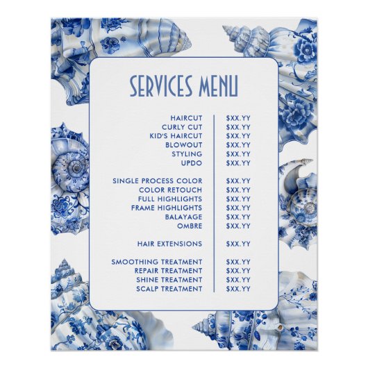 Menü Blue Seashells Services Poster (Vorderseite)