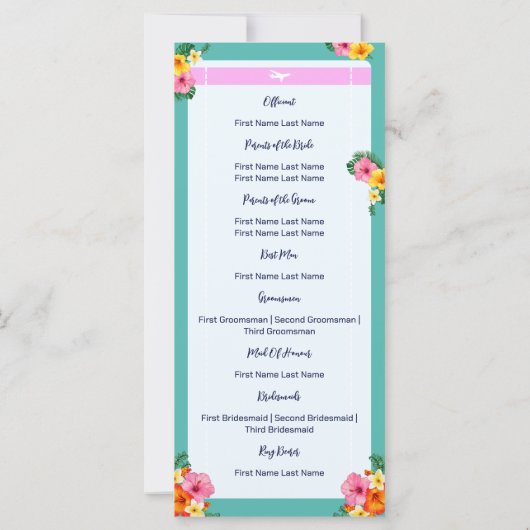 Menü "Boarding Pass Hochzeit in Urlaubsort" (Rückseite)