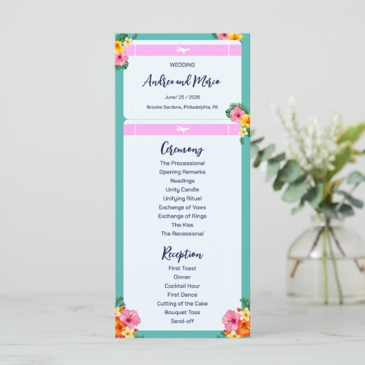 Menü "Boarding Pass Hochzeit in Urlaubsort" (Stehend Vorderseite)