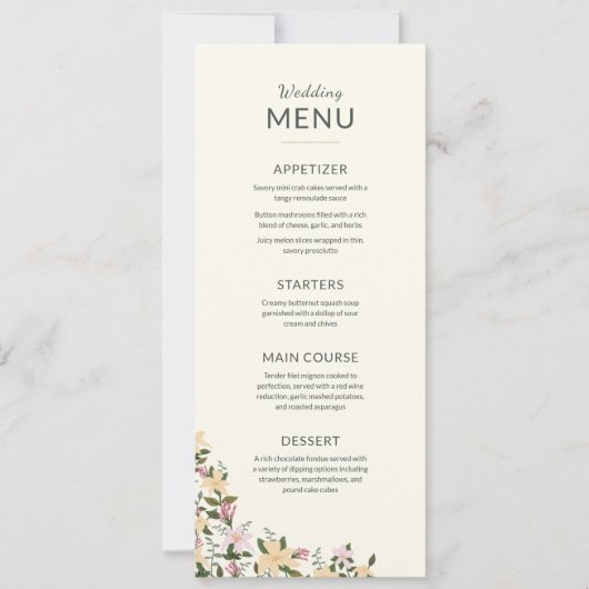 Menú boda flores tropicales bohemio clásico (Vorderseite)