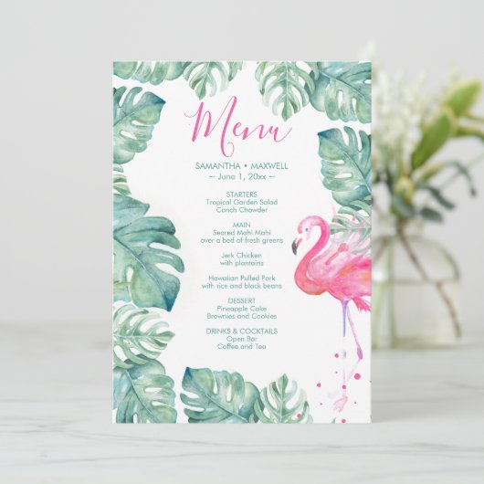 Menü der Blätter "Tropical Pink Flamingo" Einladung (Stehend Vorderseite)
