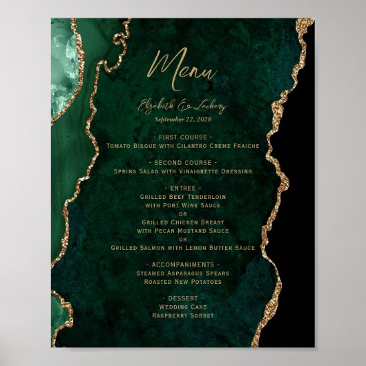 Menü des Smarald Green Gold Agate Wedding Table Poster (Vorne)