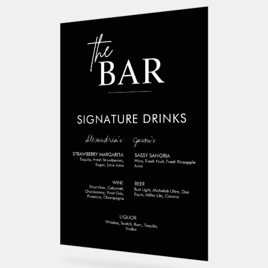 Menü "Drinks" der Black Wedding Signature Bar Acrylschild (Winkel)