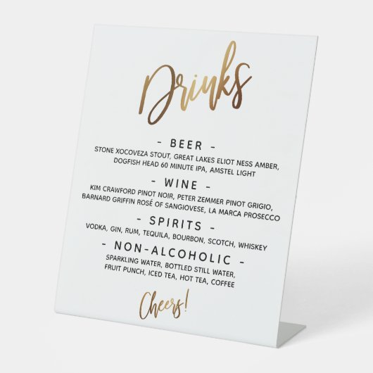 Menü "Drinks" für die einfache Goldhandschrift Sockelschild (Vorderseite)