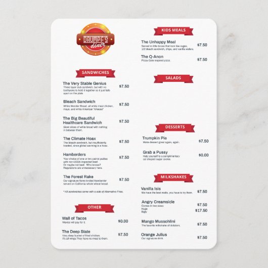 Menü "Drumpf's Diner" Menükarte (Vorderseite)