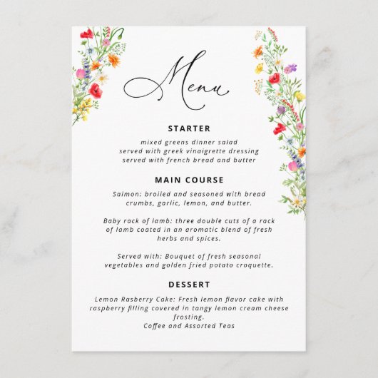 Menü "Elegante Wildblumen" Menükarte (Vorderseite)