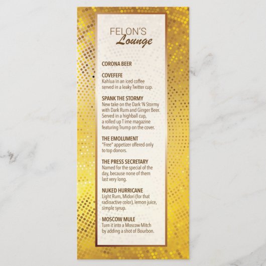 Menü "Felon's Lounge" Menükarte (Vorderseite)