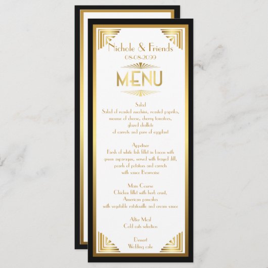 Menü-Freunde, Menü-Sitzung, großartige Gatsby, wei Menükarte (Vorne/Hinten)