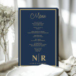 Menü für benutzerdefinierte Probe-Abendessen für H<br><div class="desc">Das Navy Blue und Gold Wedding Monogram Customized Probe Dinner Menu ist der Inbegriff für edle Eleganz für Ihr ganz besonderes Fest. Genießen Sie Ihr Probe-Dinner, Ihre Verlobungsfeier oder Ihren Hochzeitsempfang mit einer Touch von Eleganz, die den Ton für ein unvergessliches Abendessen Set. Die mit viel Liebe zum Detail gestalteten...</div>