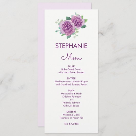 Menü für Hochzeiten von lila Rose Menükarte (Vorne/Hinten)