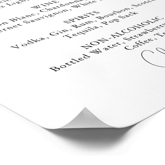 Menü für Hochzeitgetränke Einfaches Zeichen für Ka Poster (Ecke)
