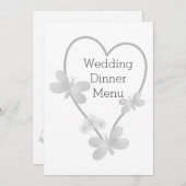 Menü für Hochzeitsessen Silberne Herz-Schmetterlin Menükarte (Vorne/Hinten)