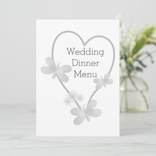 Menü für Hochzeitsessen Silberne Herz-Schmetterlin Menükarte (Stehend Vorderseite)