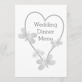 Menü für Hochzeitsessen Silberne Herz-Schmetterlin Menükarte