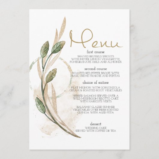 Menü für Hochzeitsfeiern mit grüner Blüte Menükarte (Vorderseite)
