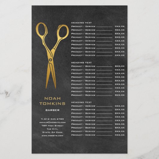 Menü "Gold Scissors Barber Chalkboard Service" (Vorne)