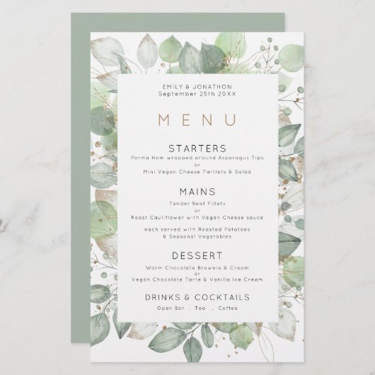 Menü "Green Foliage Frame Wedding" (Vorne/Hinten)