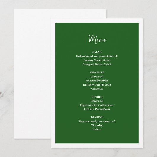 Menü "Green Wedding" Menükarte (Vorne/Hinten)