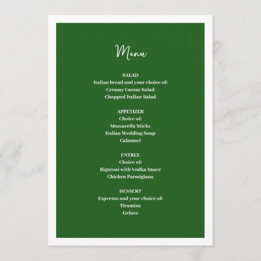 Menü "Green Wedding" Menükarte (Vorderseite)