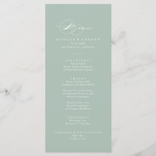 Menü "Green White Modern Calligraphy Dinner" Menükarte (Vorderseite)