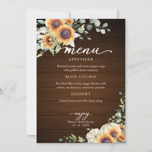 Menü "Greenery Sunflowers Fall Brautparty" Einladung (Vorderseite)