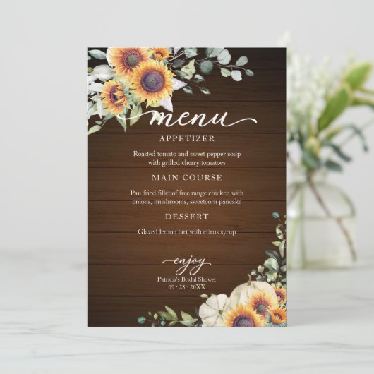 Menü "Greenery Sunflowers Fall Brautparty" Einladung (Stehend Vorderseite)