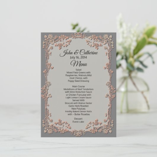 Menü "Grey Peach Floral Wedding Table" Menükarte (Stehend Vorderseite)