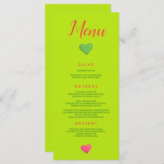 Menu Heart Wedding Green Menükarte (Vorne/Hinten)