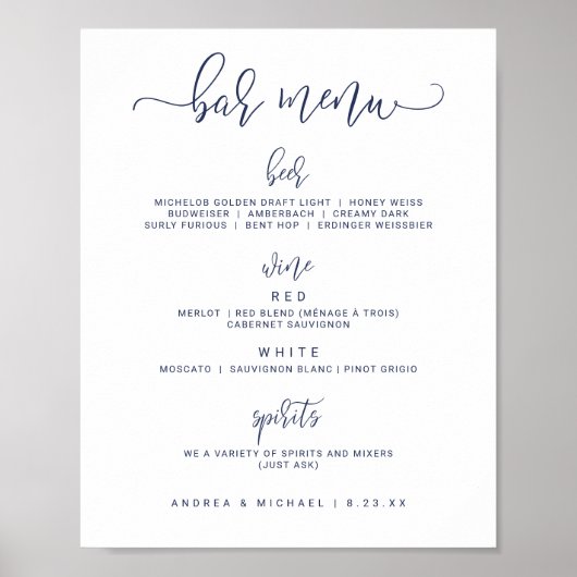 Menü "Hochzeit" - Bounce Script (Navy Blue) Poster (Vorne)
