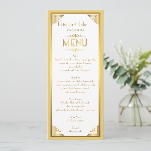 Menü-Hochzeit, Menüsitzung, großes Gatsby, Weiß, Menükarte (Stehend Vorderseite)