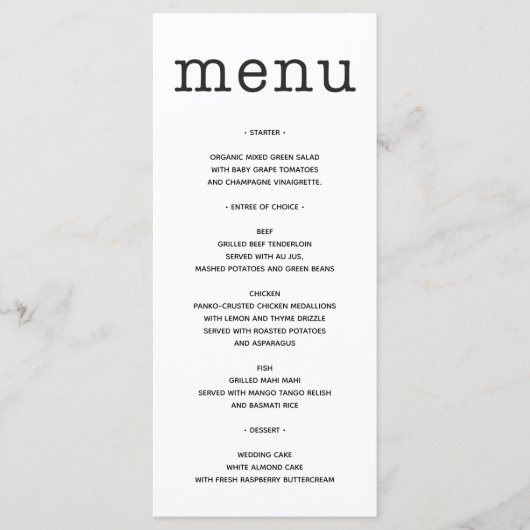 Menü Hochzeiten - Menü Brautparty - Typ Menükarte (Vorderseite)