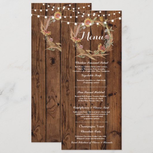 Menü-Hochzeits-Empfangs-rustikale hölzerne Menükarte (Vorne/Hinten)