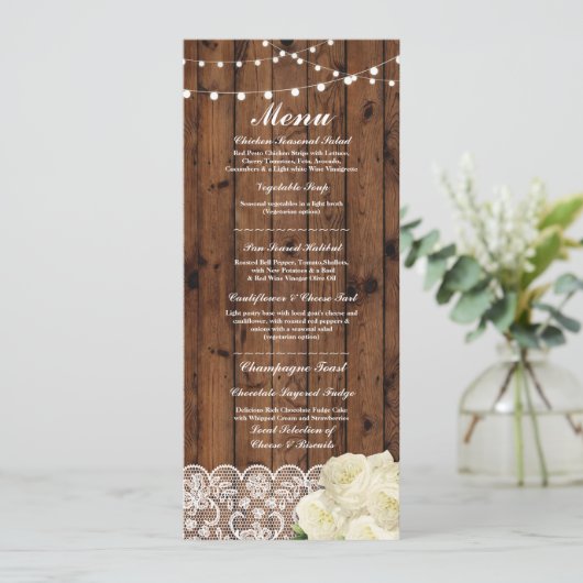 Menü-Hochzeits-Empfangs-rustikale hölzerne Menükarte (Stehend Vorderseite)