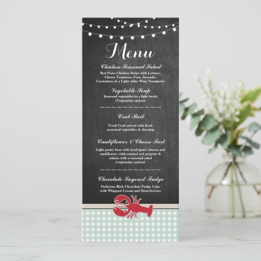 Menü Hochzeitsempfang Crawfish Boil Lobster Beach Einladung (Stehend Vorderseite)