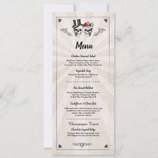 Menü Hochzeitsempfang Rustikale Skulls Rose Menus Einladung (Vorderseite)