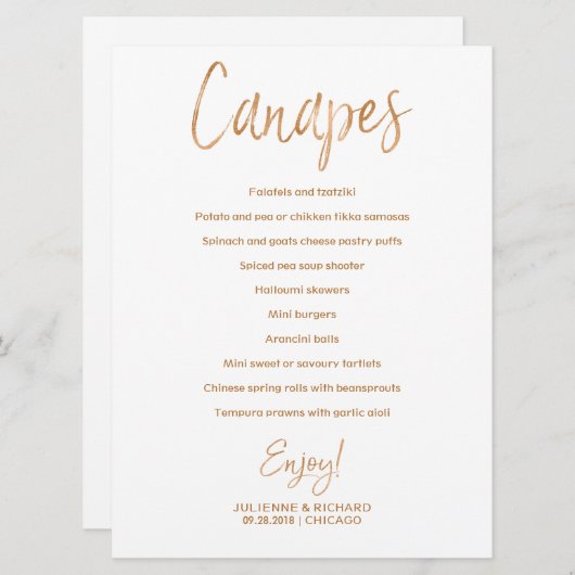 Menü Hochzeitskanapees | Stilvolle Gold Rose Lette Einladung (Vorne/Hinten)