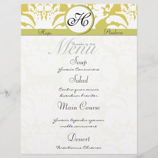Menü "Hochzeitsmenü" für Limone und Gold Damask Mo (Vorderseite)