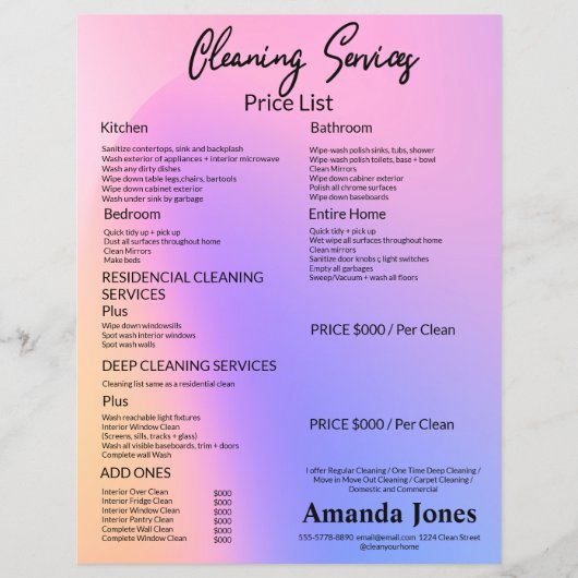 Menü "Holographic Clearing Services Price List" (Vorne)