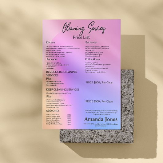 Menü "Holographic Clearing Services Price List"